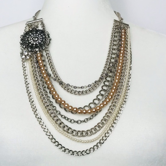 LOFT Jewelry - LOFT Multi Tier Pearl & Chain Link Asymmetrical Flower Necklace